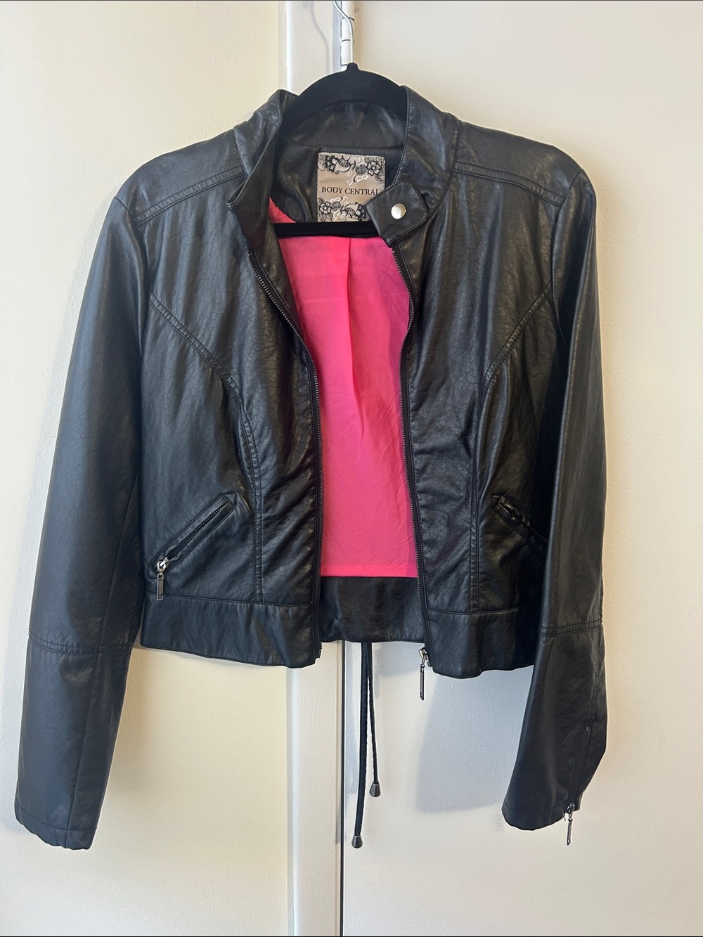 Body Central Black Faux Leather Jacket with Pink Lining